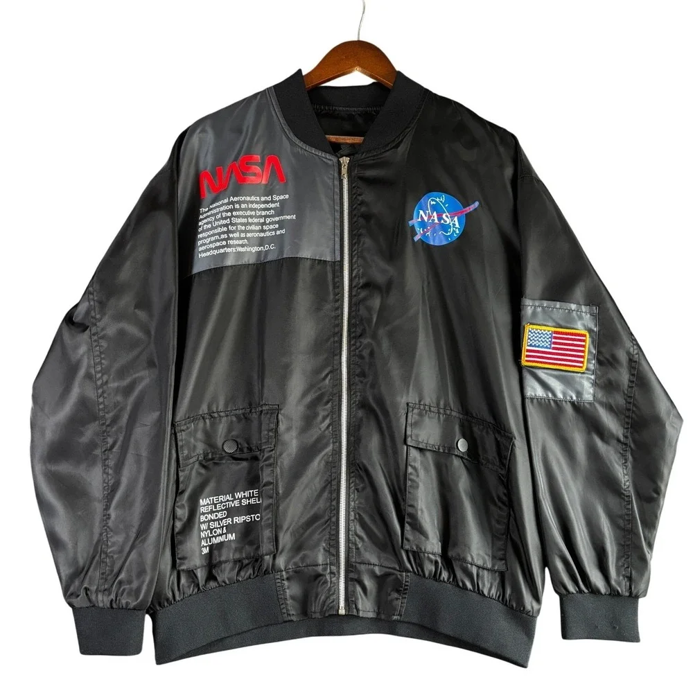 NASA Bomber Jacket Black Mens Size‎ L Space Exploration MA1 Style
